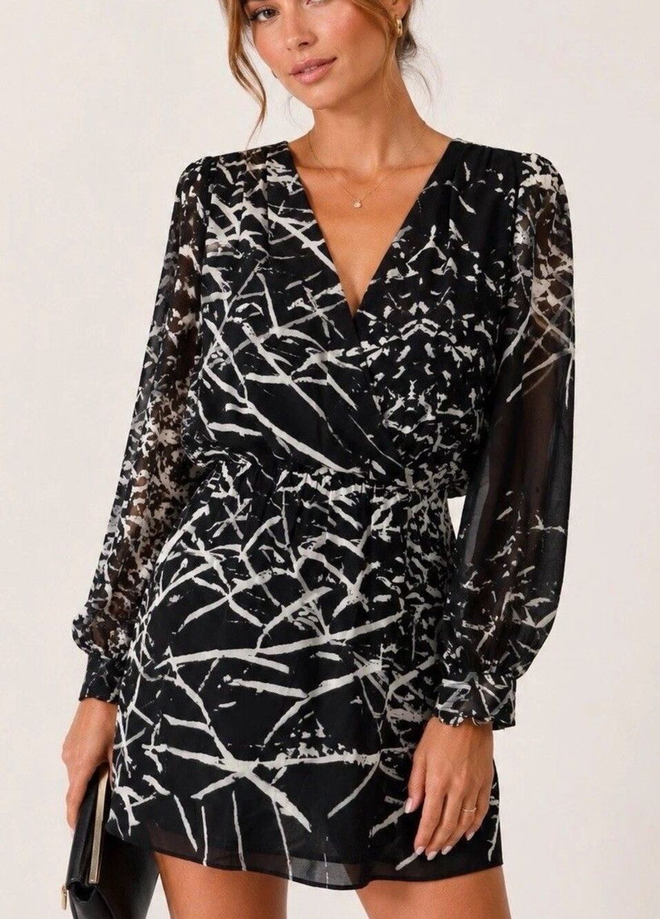Parker Lila 100% Silk Long Sleeve Mini Dress Women Sz XS Patterned Black N White